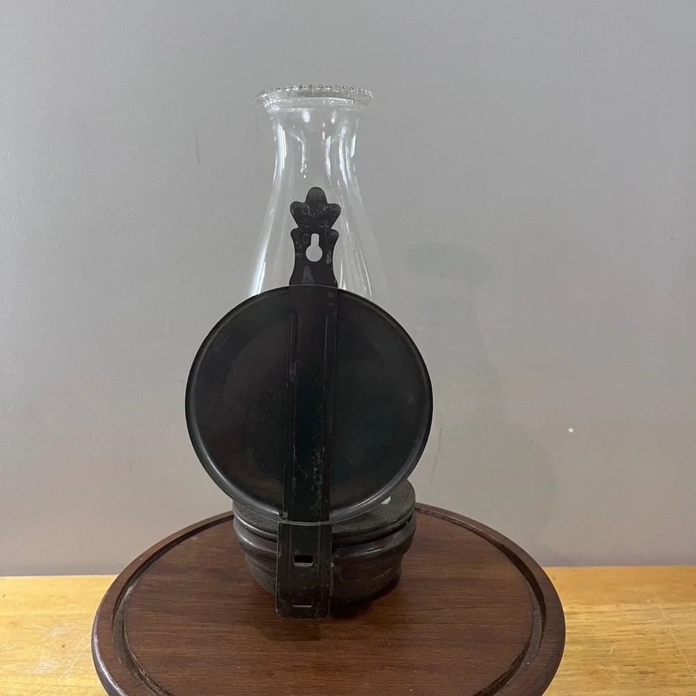 Vtg Primitive Metal Wall Mount Oil Lamp Reflector Glass Decoration Farmhouse